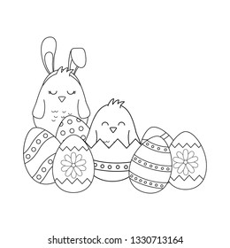 beautitul eggs painted with ears rabbit and chick
