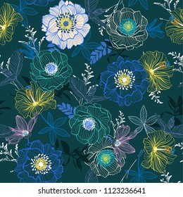 Beautiul Line Hand sketch blooming garden flower contrast colorful seamless pattern vector for fashion fabric and all prints on dark grey background 