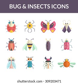 Beautoful vector collection of insects made in modern flat style. Colorful bugs for your design.