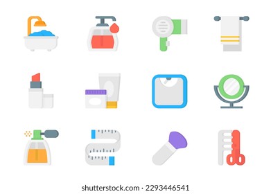 Beauty 3d icons set. Pack flat pictograms of wash in bath, cosmetics, hair dryer, towel, lipstick, cream and lotion, scales, mirror, perfume and other. Vector elements for mobile app and web design