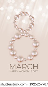 Beauty 8 March Happy Womens Day congratulation card background with realistic pearls. Vector Illustration EPS10 