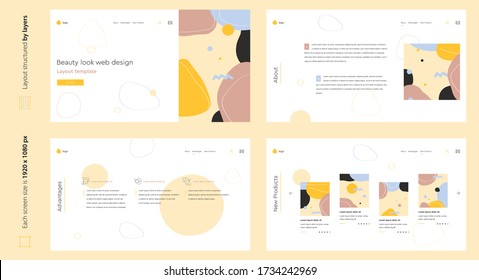 Beauty abstract creative light web design four screen template wih various shapes. Stylish custom and individual set of four website screens. Creative geometric doodle web design for beauty industry