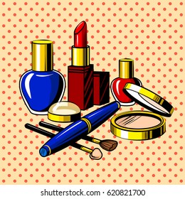 Beauty accessories comic book pop art retro style vector illustration