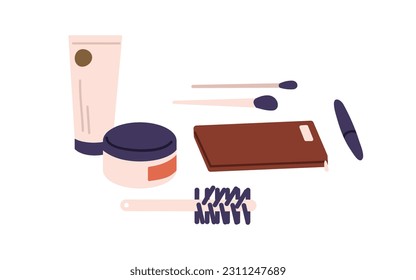 Beauty accessories, cosmetic products composition. Hair comb, makeup brushes, mascara, cream tube, lotion jar. Flat vector illustration isolated on white background