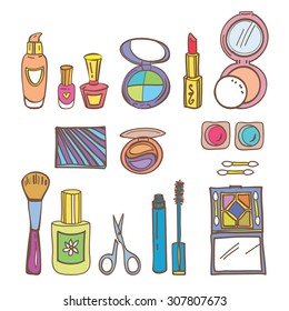 Beauty accessories, cosmetics icons vector doodles set.