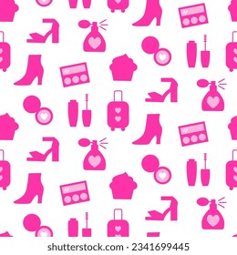 Beauty Accessories Pink Icons Seamless Pattern. Girls Background Texture. Doll Princess Design Elements Backdrop. Baby Girl, Woman Girly Design Elements Textile Design
