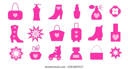 Beauty Accessories Pink Icons Set. Girls Kit. Doll Princess Design Elements Collection. Baby Girl, Woman Girly Design Elements Set isolated on white