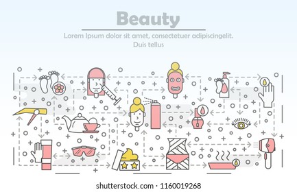 Beauty advertising poster banner template. Professional cosmetologist hair stylist tools and accessories. Vector thin line art flat style design elements icons for website banner and printed materials