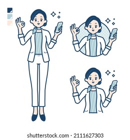 Beauty advisor woman with Holding a smartphone and doing an OK sign images.It's vector art so it's easy to edit.