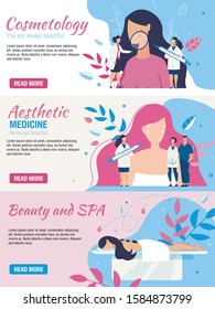 Beauty, Aesthetic Medicine Cosmetology And Diet Proper Nutrition For Woman Promo Set. Flat Header Banner Kit. Spa Salon Services. Skin And Body Care. Cartoon Doctor And Patients. Vector Illustration