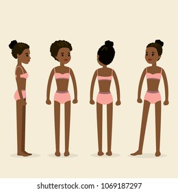 beauty african american women in underwear,front,back and profile view,flat vector illustration