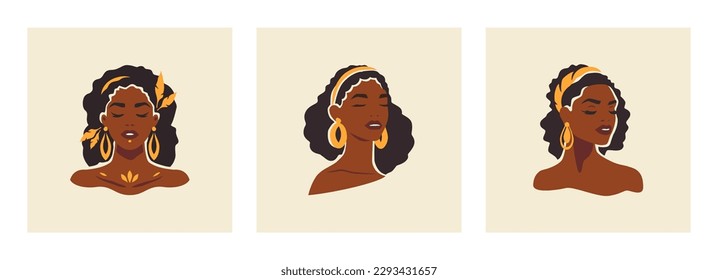 Beauty African boho black woman portrait golden jewelry hand drawn paint set vector flat illustration. Fashion Afro dark skin female head face hairstyle tribal ethnic culture aesthetic chic princess