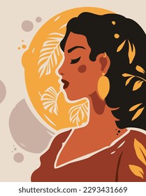 Beauty African boho woman elegant tropical summer sun hand drawn paint contemporary art poster vector flat illustration. Fashion Afro black female abstract portrait botanical leaves vintage background