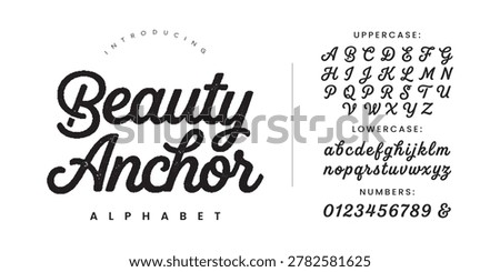 Beauty Anchor elegant script calligraphy cursive font alphabet with uppercase lowercase characters numbers vector