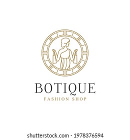 Beauty ancient woman holding shopping bags fashion logo icon sign outline vector illustration design