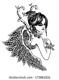 Beauty Angel. Black and white female illustration with leaf wings. 