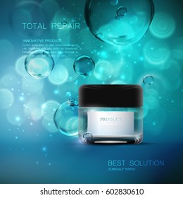 Beauty anti aging cream ad. Cosmetics package design. 3d vector beauty illustration. Moisturizing facial cream mask glass jar on sparkling liquid background with water bubbles. Product package mock-up