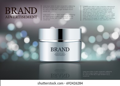 Beauty anti aging cream ad. Cosmetics package design. 3d vector beauty illustration. Moisturizing facial cream mask glass jar on bokeh background. Product package mock-up