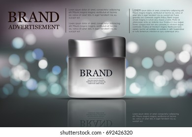 Beauty anti aging cream ad. Cosmetics package design. 3d vector beauty illustration. Moisturizing facial cream mask glass jar on bokeh background. Product package mock-up