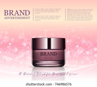 Beauty anti aging cream ad. Cosmetics package design. 3d vector beauty illustration. Moisturizing facial cream mask glass jar on bokeh background. Product package mock-up