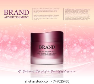 Beauty anti aging cream ad. Cosmetics package design. 3d vector beauty illustration. Moisturizing facial cream mask glass jar on bokeh background. Product package mock-up