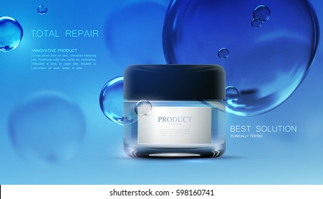 Beauty anti aging cream ads. Cosmetics package design. 3d vector beauty illustration. Moisturizing facial cream mask glass jar on blue liquid background with water bubbles. Product package mock-up