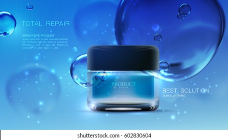 Beauty Anti Wrinkle Cream Ad. Cosmetics Package Design. 3d Vector Beauty Illustration. Moisturizing Facial Cream Glass Jar On Liquid Background With Water Bubbles And Sparkles. Product Package Mock-up