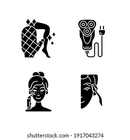 Beauty appliances black glyph icons set on white space. Body scrubber. Electric shaver. Blackhead remover. Eyebrow razor. Smooth, clear skin. Trimmer. Silhouette symbols. Vector isolated illustration