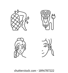 Beauty appliances linear icons set. Body scrubber. Electric shaver. Blackhead remover. Eyebrow razor. Customizable thin line contour symbols. Isolated vector outline illustrations. Editable stroke