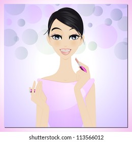 Beauty applying lipstick : an illustration of beautiful woman applying lipstick. Use only simple gradients and transparencies