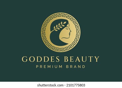 Beauty Athena goddess with Greek circle ornate logo brand