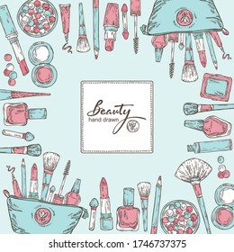 Beauty bacground with cosmetics . Vector hand drawn illustration