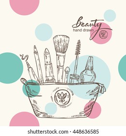 Beauty background with cosmetics . hand drawn
