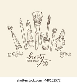 Beauty background with cosmetics . hand drawn