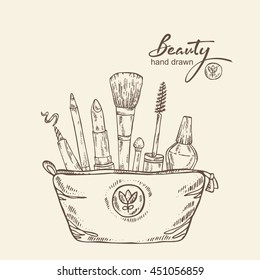 Beauty background with cosmetics . hand drawn
