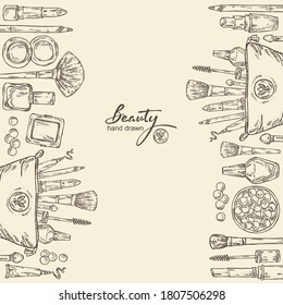 Beauty background with cosmetics . Vector hand drawn illustration