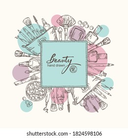 Beauty background with cosmetics . Vector hand drawn illustration