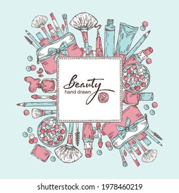 Beauty background with cosmetics . Vector hand drawn illustration