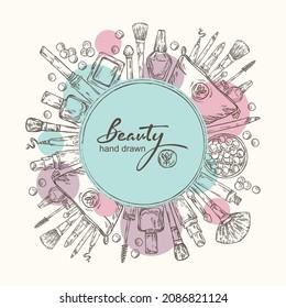 Beauty background with cosmetics . Vector hand drawn illustration