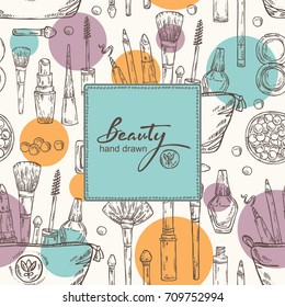 Beauty background with cosmetics .Vector hand drawn illustration.