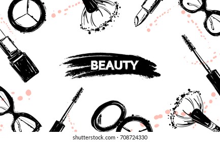 Beauty background with Hand drawn make up artist cosmetics objects: makeup brush, lipstick, mascara, Eyeshadow, sunglasses. Cosmetics creative background. With a place for your text. Template Vector.