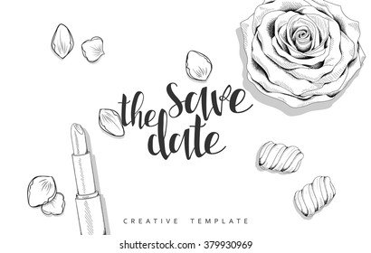 Beauty background with roses, petals, sweets and lipstick. Stylish background template in sketch. Design greeting cards , invitations, wedding cards. Elegant design with lipstick, marshmallow and rose