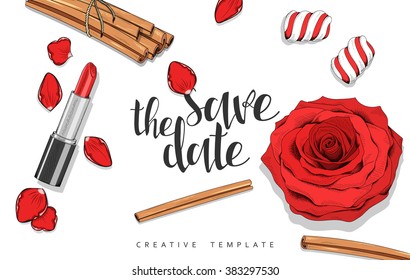 Beauty background with roses, petals, sweets in sketch. Stylish background template in red. Design, invitations , wedding cards. Elegant design with lipstick , cinnamon, marshmallow and rose