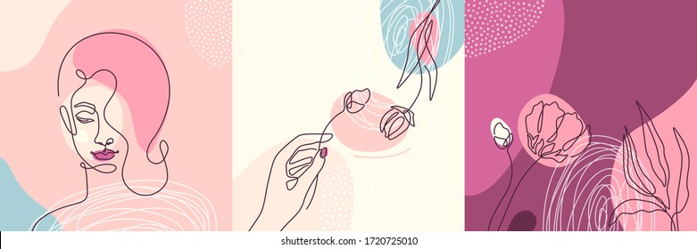 Beauty backgrounds set in minimal line style with woman face, plant, girl hand holding flower, circle design elements, dots texture. Modern fashion linear female portrait. Vector illustration.