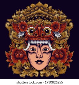 The Beauty of Bali. Barong mask with balinese girl illustration