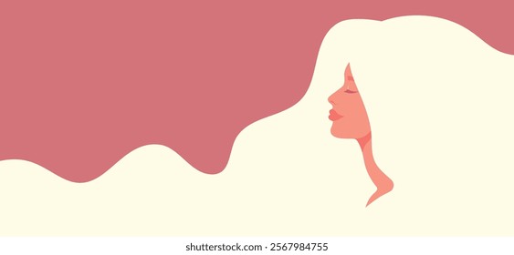 Beauty banner with beautiful blond woman with long hair in profile. Woman with long flowing hair. Banner for beauty salon, hair salon, Womens Day