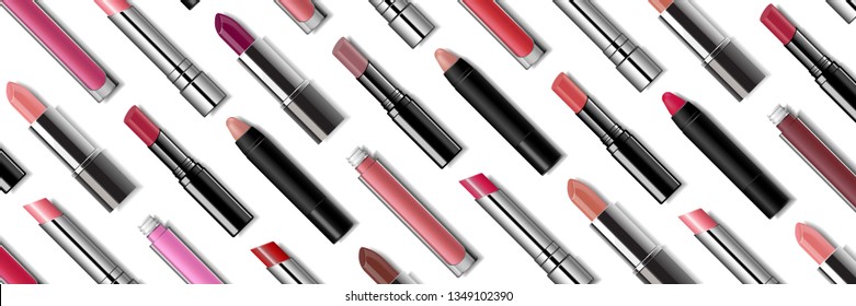 Beauty banner. Make-up advertising template with metall, plastic, transparent lipstick packages isolated on white background. Lip gloss tubes.