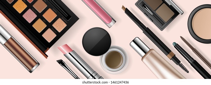 Beauty banner with makeup products set. Vector face cosmetic packaging, cases, eyeshadow palette, lip gloss, eyebrow pencil, brush on light rose background. Online beauty store header template.