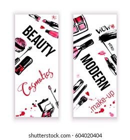 Beauty banners of different sketch female cosmetics on white background. hand-drawn illustration