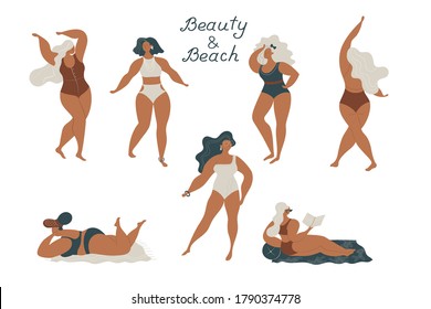 Beauty and beach. Body positive. woman in swimsuit.Vacation mood, feminine concept illustration, beautiful women in different situations, on the beach, sitting near the pool, reading books. Flat style